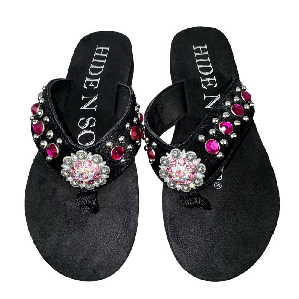 Hide N Sole Women's Black Rhinestones Studded Boho Flip Flops Sandals Sz 8-9